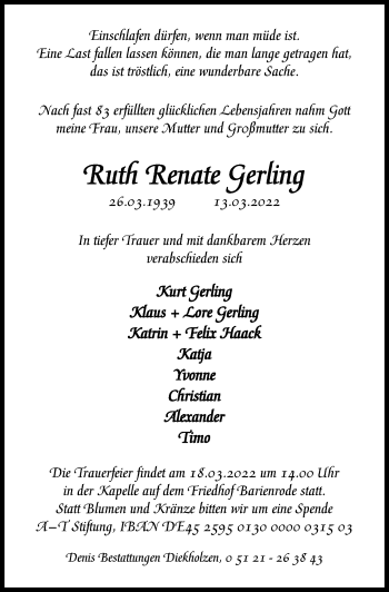 Traueranzeige von Ruth Renate Gerling von Hildesheimer Allgemeine Zeitung