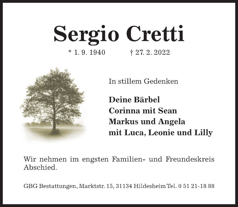  Traueranzeige für Sergio Cretti vom 05.03.2022 aus Hildesheimer Allgemeine Zeitung