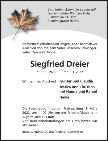 Traueranzeige von Siegfried Dreier von Hildesheimer Allgemeine Zeitung