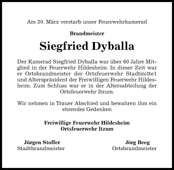 Traueranzeige von Siegfried Dyballa von Hildesheimer Allgemeine Zeitung