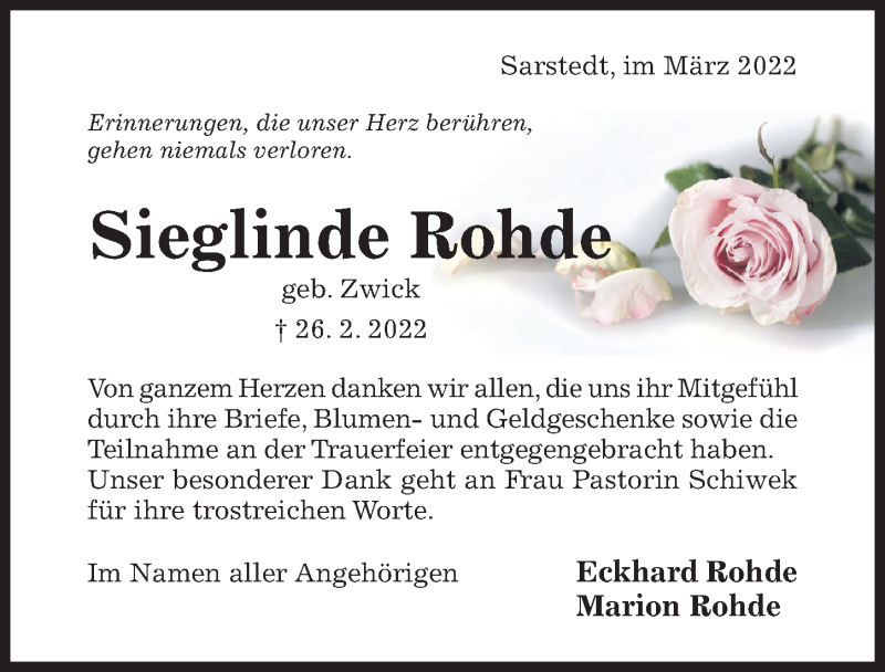  Traueranzeige für Sieglinde Rohde vom 31.03.2022 aus Hildesheimer Allgemeine Zeitung
