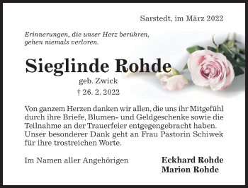 Traueranzeige von Sieglinde Rohde von Hildesheimer Allgemeine Zeitung