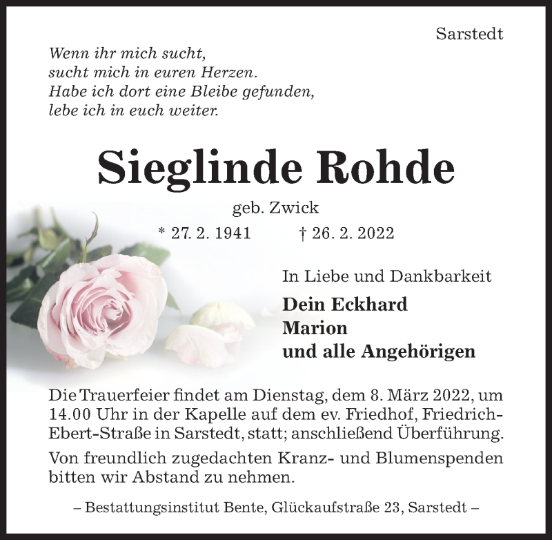  Traueranzeige für Sieglinde Rohde vom 02.03.2022 aus Hildesheimer Allgemeine Zeitung