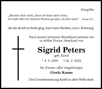 Traueranzeige von Sigrid Peters von Hildesheimer Allgemeine Zeitung