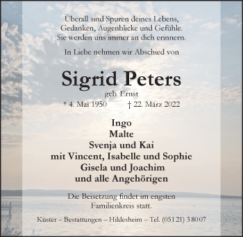 Traueranzeige von Sigrid Peters von Hildesheimer Allgemeine Zeitung