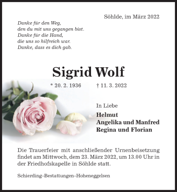 Traueranzeige von Sigrid Wolf von Hildesheimer Allgemeine Zeitung