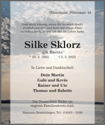 Traueranzeige von Silke Sklorz von Hildesheimer Allgemeine Zeitung