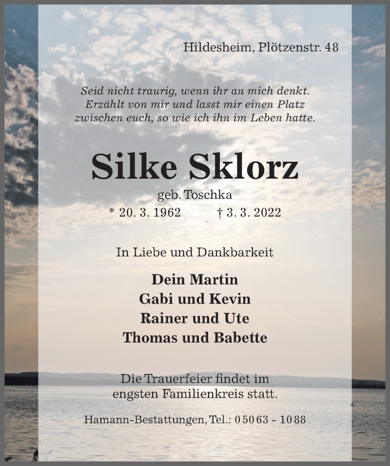  Traueranzeige für Silke Sklorz vom 09.03.2022 aus Hildesheimer Allgemeine Zeitung