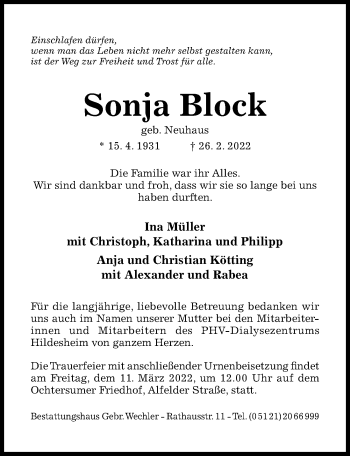 Traueranzeige von Sonja Block von Hildesheimer Allgemeine Zeitung
