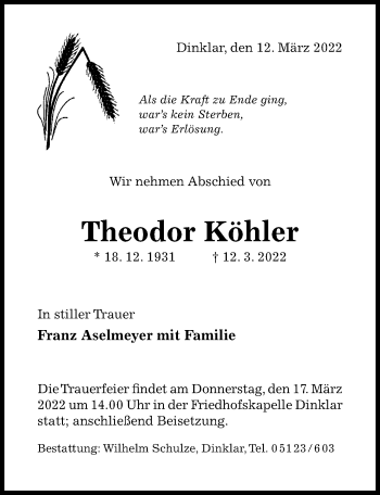 Traueranzeige von Theodor Köhler von Hildesheimer Allgemeine Zeitung