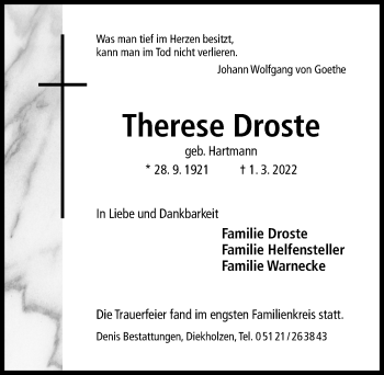 Traueranzeige von Therese Droste von Hildesheimer Allgemeine Zeitung