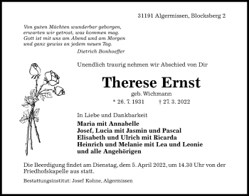 Traueranzeige von Therese Ernst von Hildesheimer Allgemeine Zeitung