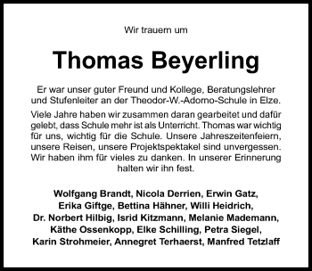 Traueranzeige von Thomas Beyerling von Hildesheimer Allgemeine Zeitung