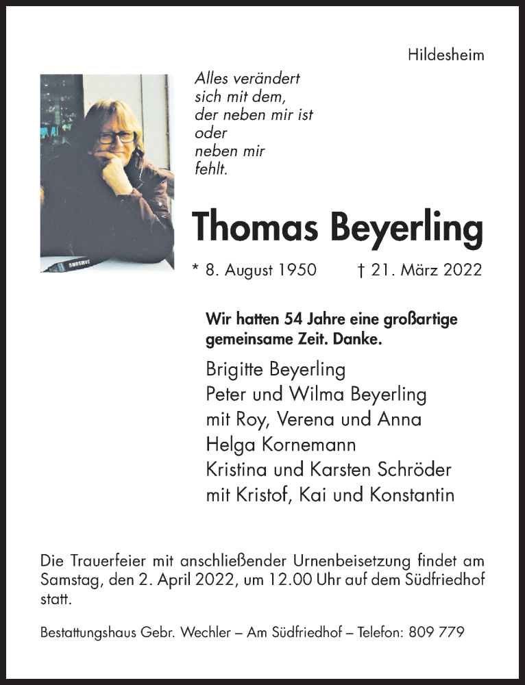  Traueranzeige für Thomas Beyerling vom 26.03.2022 aus Hildesheimer Allgemeine Zeitung