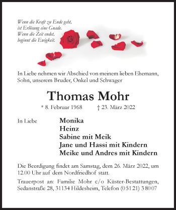 Traueranzeige von Thomas Mohr von Hildesheimer Allgemeine Zeitung