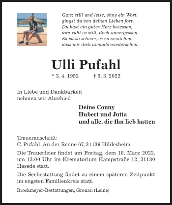 Traueranzeige von Ulli Pufahl von Hildesheimer Allgemeine Zeitung