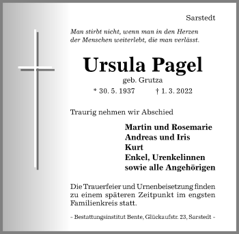 Traueranzeige von Ursula Pagel von Hildesheimer Allgemeine Zeitung