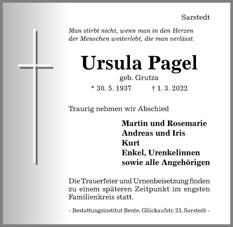  Traueranzeige für Ursula Pagel vom 05.03.2022 aus Hildesheimer Allgemeine Zeitung