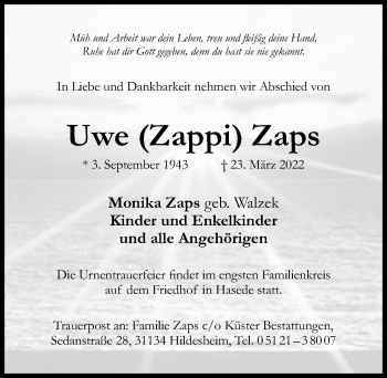 Traueranzeige von Uwe Zaps von Hildesheimer Allgemeine Zeitung