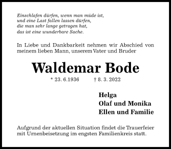 Traueranzeige von Waldemar Bode von Hildesheimer Allgemeine Zeitung