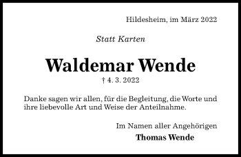 Traueranzeige von Waldemar Wende von Hildesheimer Allgemeine Zeitung