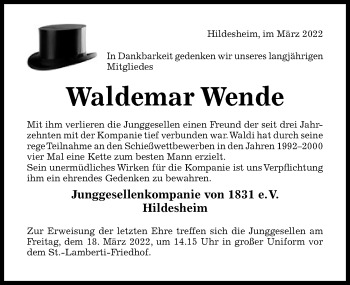 Traueranzeige von Waldemar Wende von Hildesheimer Allgemeine Zeitung