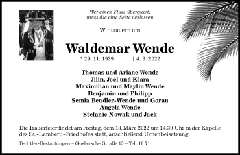 Traueranzeige von Waldemar Wende von Hildesheimer Allgemeine Zeitung