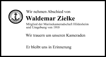 Traueranzeige von Waldemar Zielke von Hildesheimer Allgemeine Zeitung