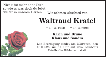 Traueranzeige von Waltraud Kratel von Hildesheimer Allgemeine Zeitung