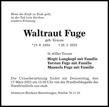 Traueranzeige von Waltraut Fuge von Hildesheimer Allgemeine Zeitung