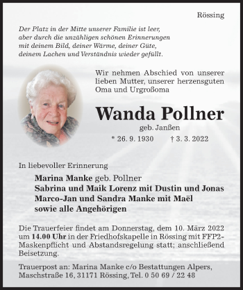 Traueranzeige von Wanda Pollner von Hildesheimer Allgemeine Zeitung