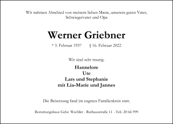 Traueranzeige von Werner Griebner von Hildesheimer Allgemeine Zeitung