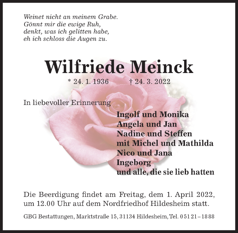  Traueranzeige für Wilfriede Meinck vom 30.03.2022 aus Hildesheimer Allgemeine Zeitung