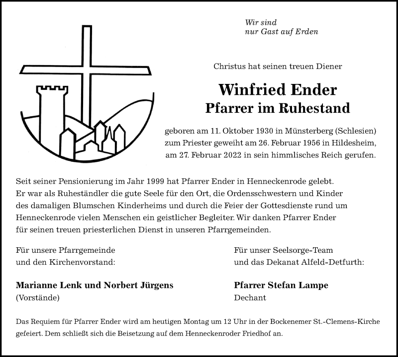  Traueranzeige für Winfried Ender vom 07.03.2022 aus Hildesheimer Allgemeine Zeitung