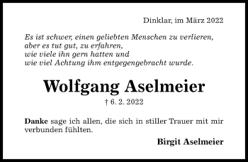 Traueranzeige von Wolfgang Aselmeier von Hildesheimer Allgemeine Zeitung