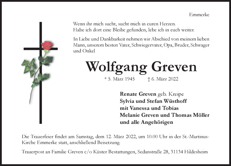  Traueranzeige für Wolfgang Greven vom 09.03.2022 aus Hildesheimer Allgemeine Zeitung