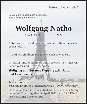 Traueranzeige von Wolfgang Natho von Hildesheimer Allgemeine Zeitung