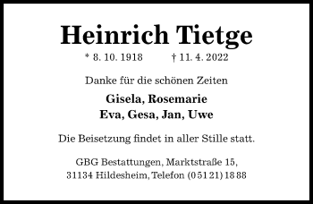 Traueranzeige von Heinrich Tietge  von Hildesheimer Allgemeine Zeitung
