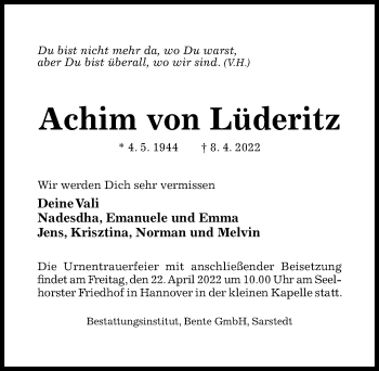 Traueranzeige von Achim von Lüderitz von Hildesheimer Allgemeine Zeitung