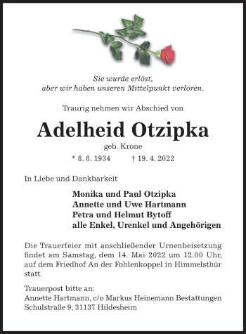 Traueranzeige von Adelheid Otzipka von Hildesheimer Allgemeine Zeitung