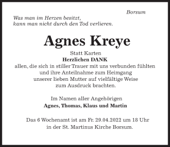 Traueranzeige von Agnes Kreye von Hildesheimer Allgemeine Zeitung