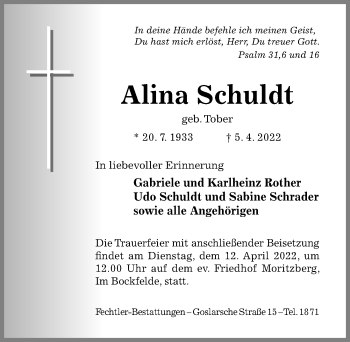 Traueranzeige von Alina Schuldt von Hildesheimer Allgemeine Zeitung