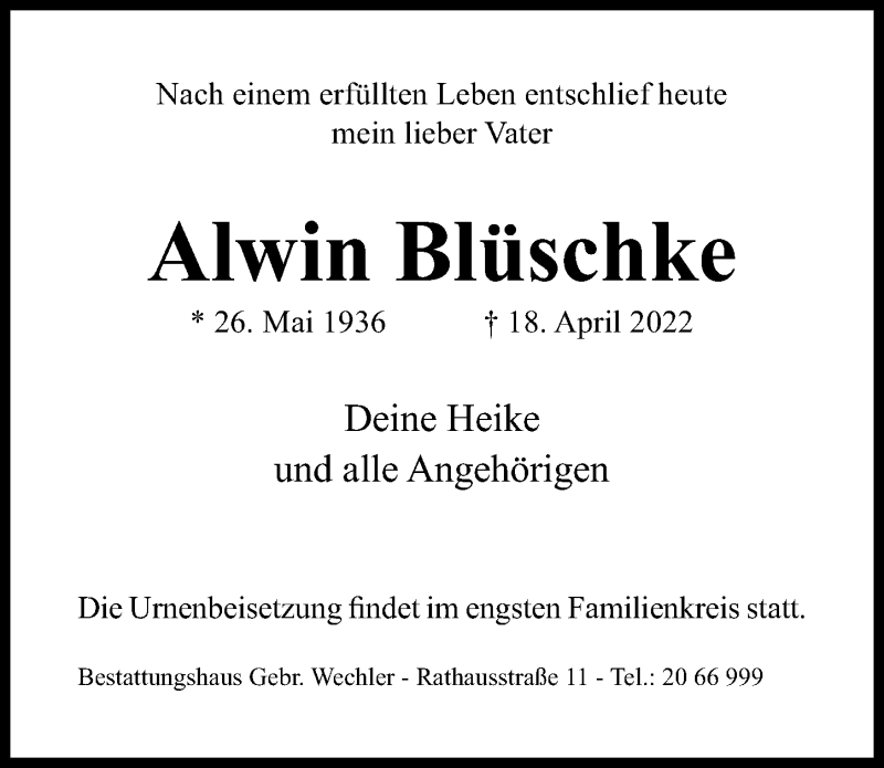  Traueranzeige für Alwin Blüschke vom 23.04.2022 aus Hildesheimer Allgemeine Zeitung