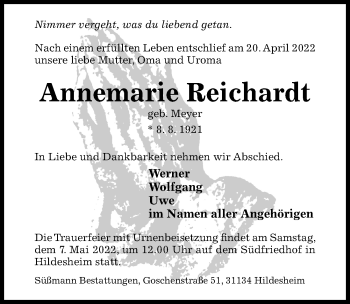 Traueranzeige von Annemarie Reichardt von Hildesheimer Allgemeine Zeitung