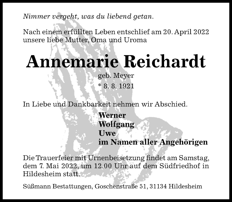  Traueranzeige für Annemarie Reichardt vom 27.04.2022 aus Hildesheimer Allgemeine Zeitung