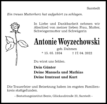 Traueranzeige von Antonie Woyzechowski von Hildesheimer Allgemeine Zeitung