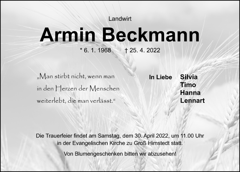  Traueranzeige für Armin Beckmann vom 28.04.2022 aus Hildesheimer Allgemeine Zeitung