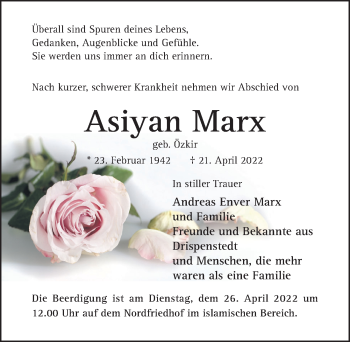 Traueranzeige von Asiyan Marx von Hildesheimer Allgemeine Zeitung