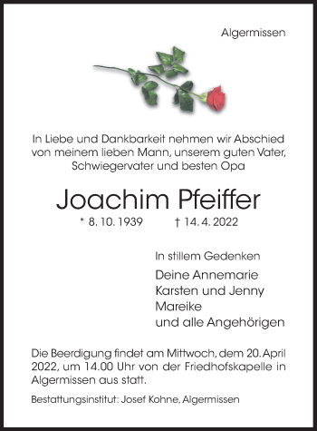 Traueranzeige von Joachim Pfeiffer  von Hildesheimer Allgemeine Zeitung