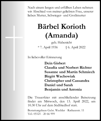 Traueranzeige von Bärbel Korioth von Hildesheimer Allgemeine Zeitung